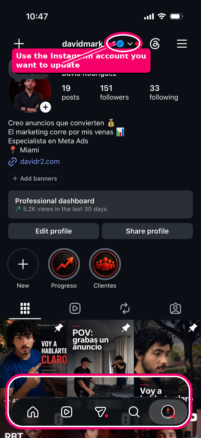 Instagram profile page before changing your password