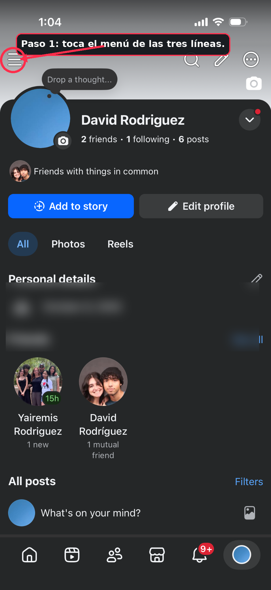 Tap the three-line Facebook menu to begin changing your password