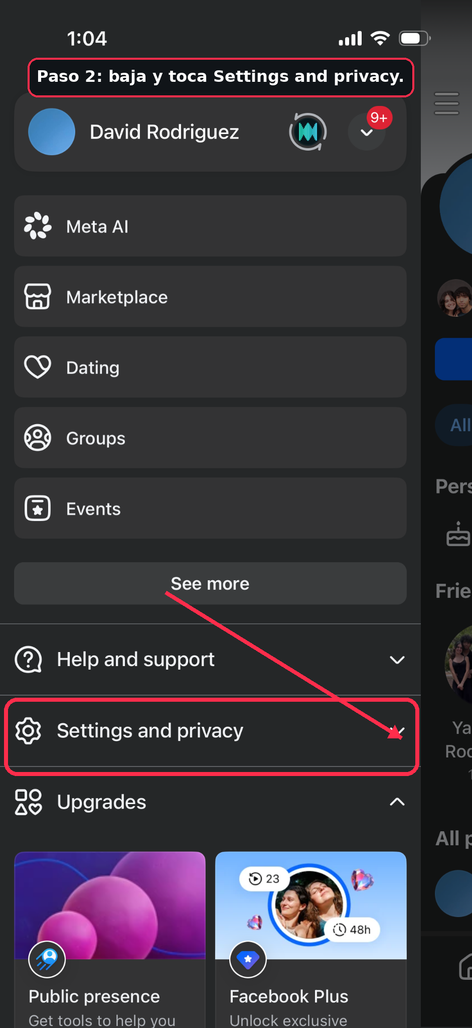 Tap Settings and privacy in the Facebook menu