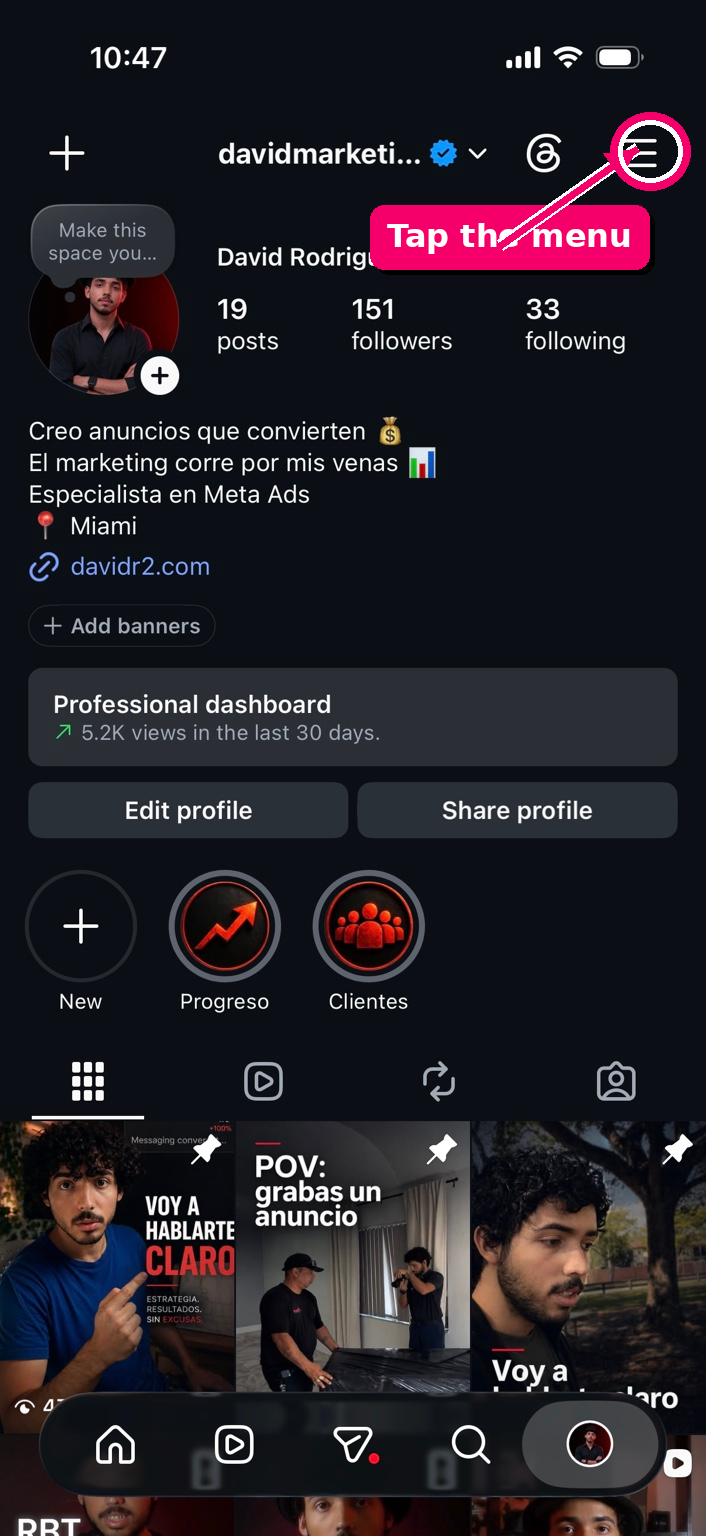 Tap the Instagram three-line menu to open settings