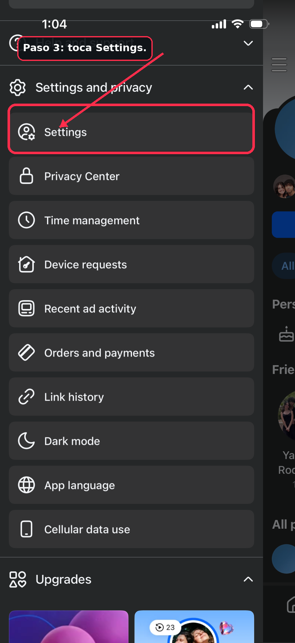 Tap Settings inside Settings and privacy on Facebook