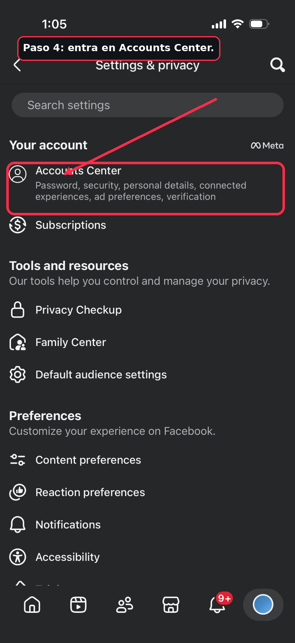 Open Accounts Center in Facebook settings
