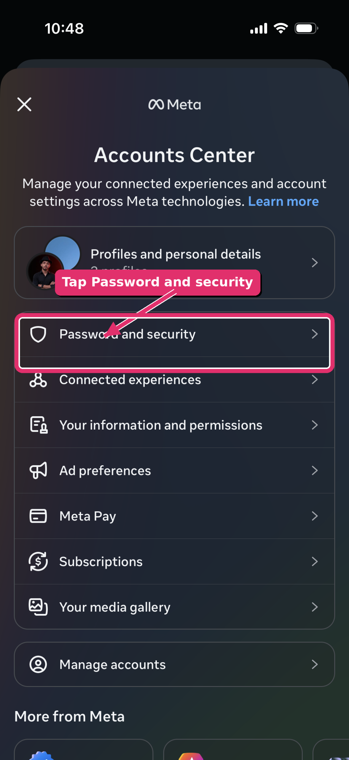 Tap Password and security in Meta Accounts Center
