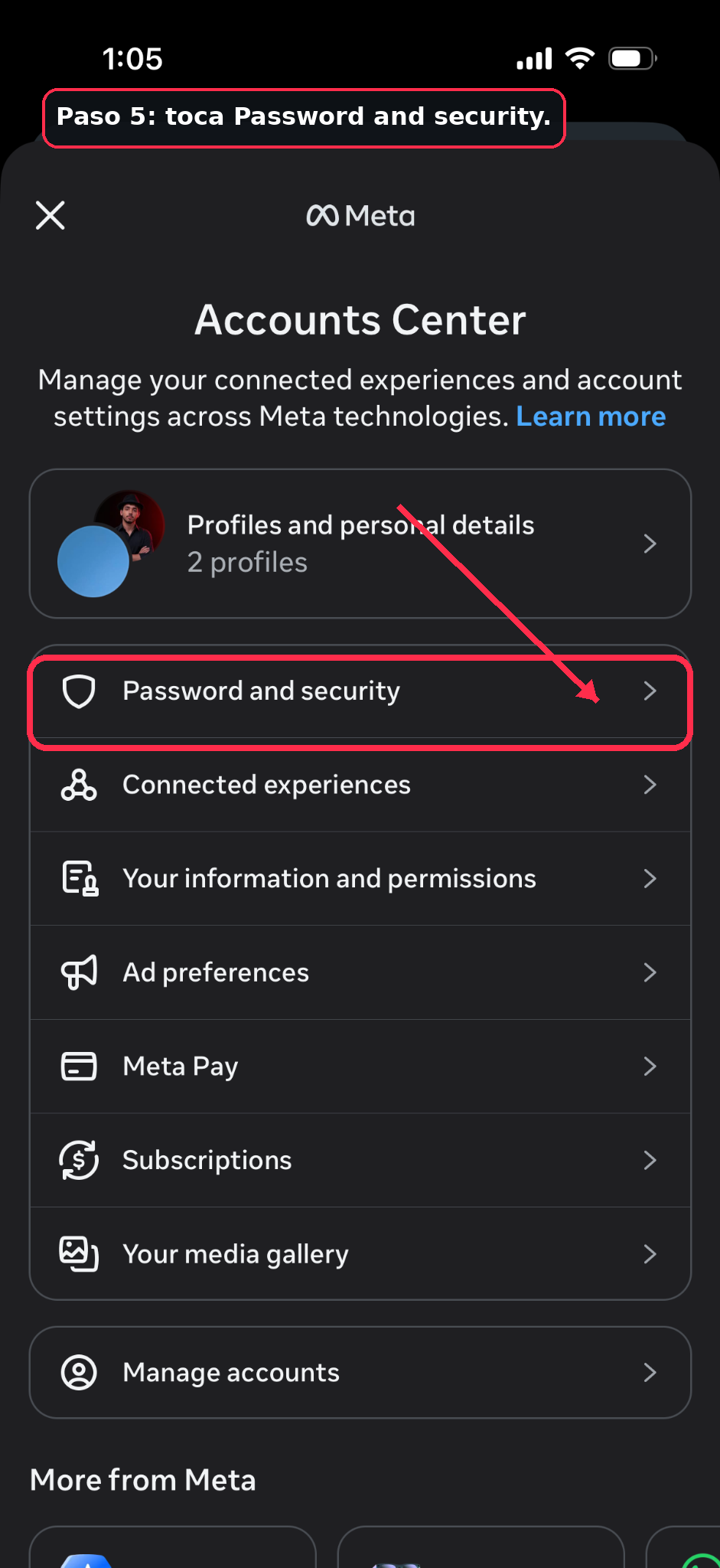 Tap Password and security in Meta Accounts Center