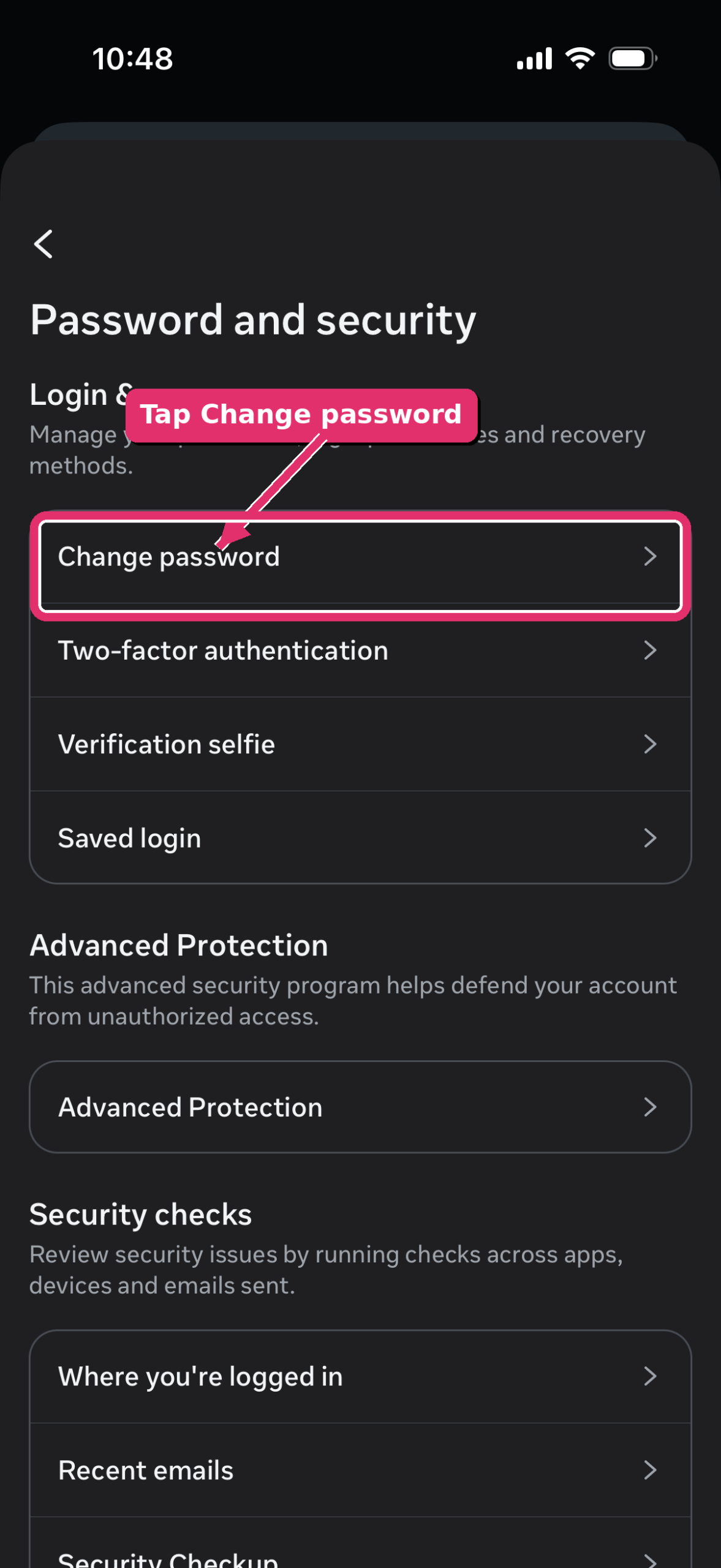 Tap Change password to update your Instagram password