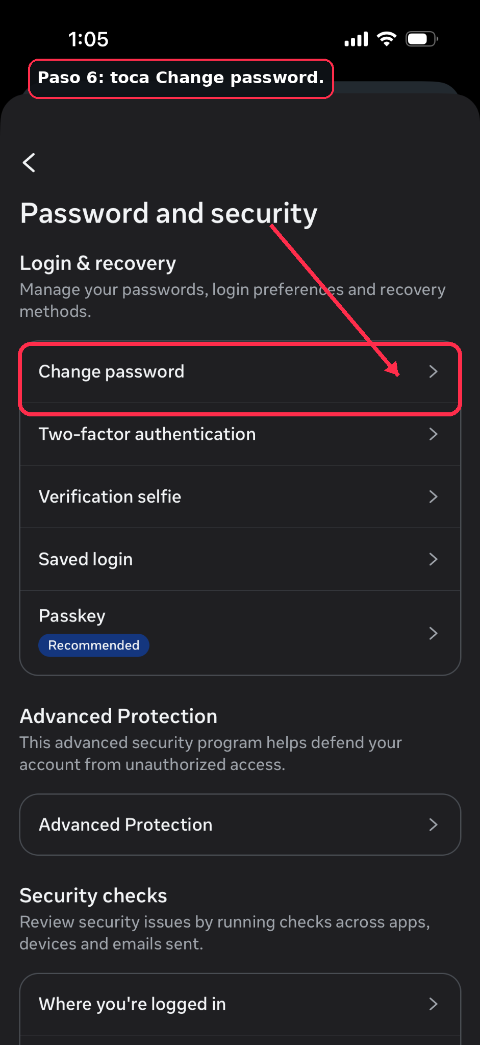 Tap Change password to update your Facebook password
