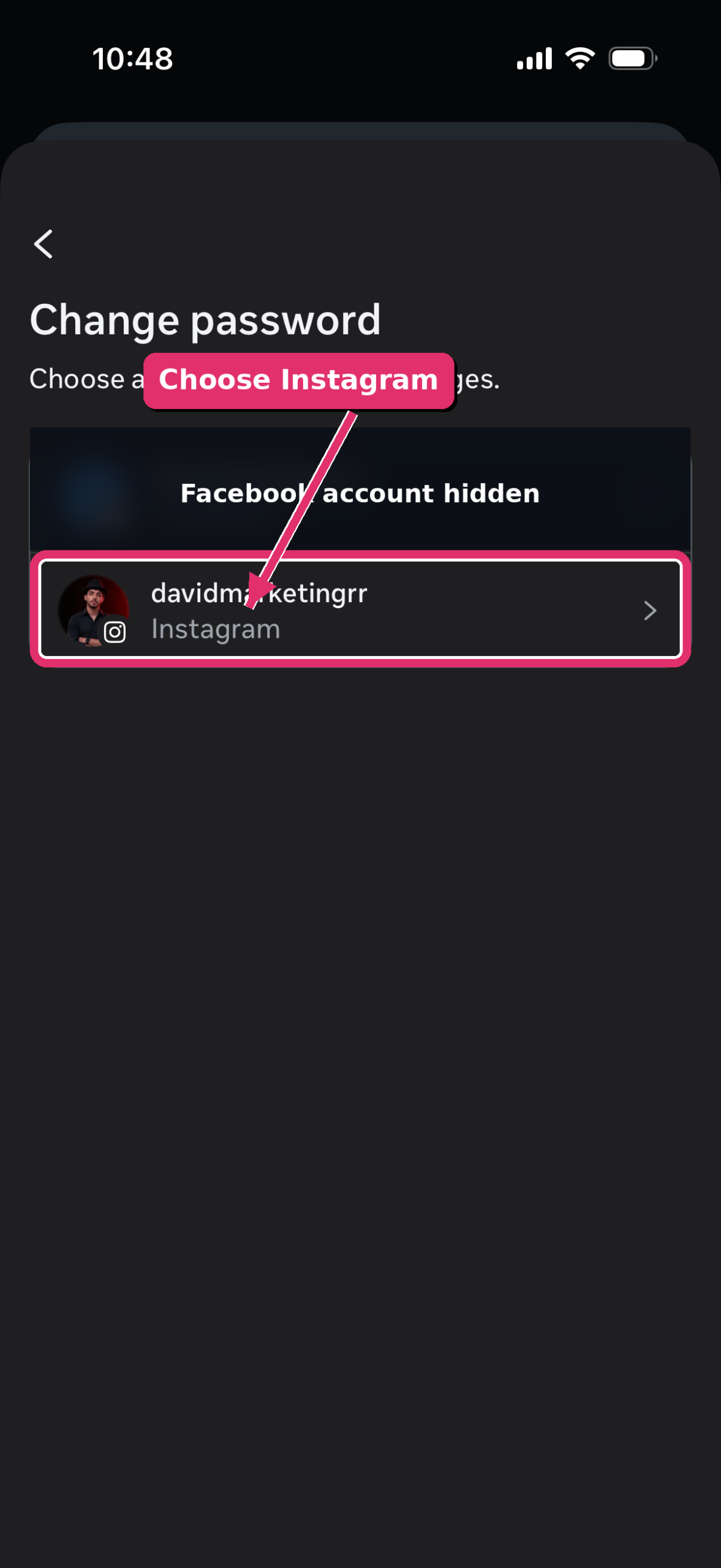 Choose the Instagram account before changing the password