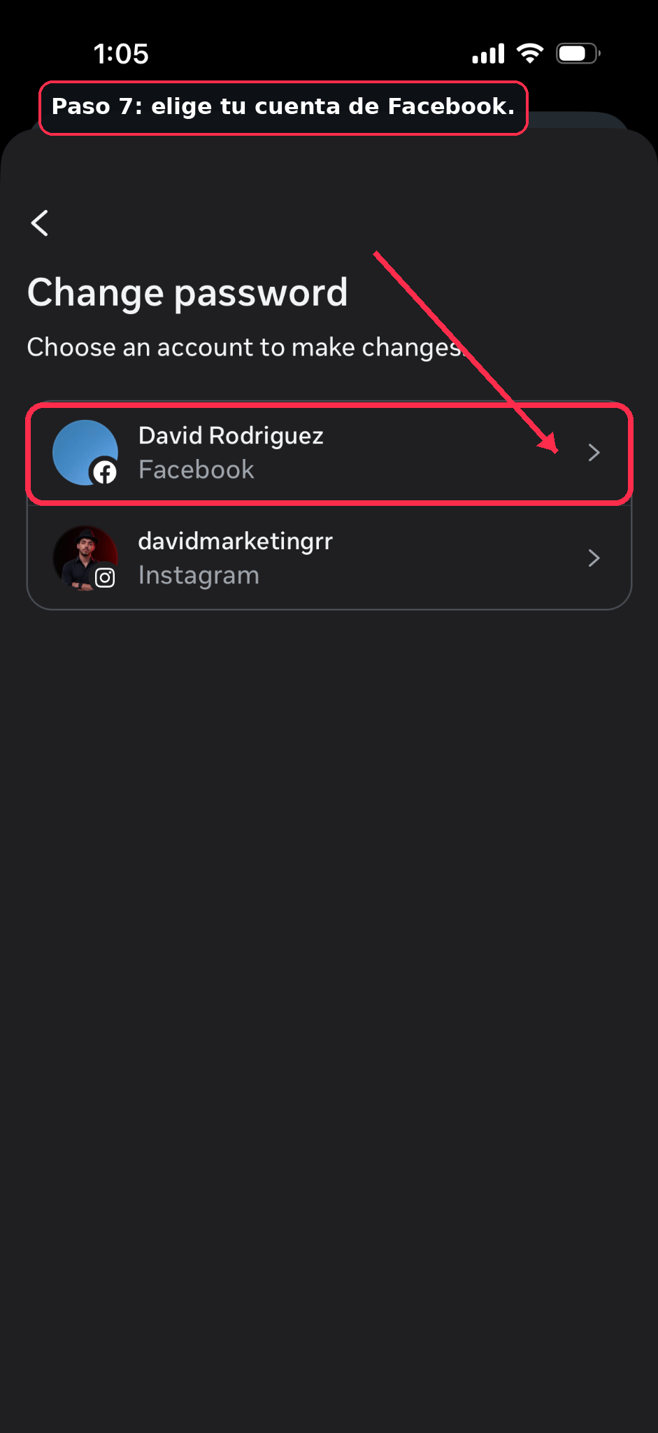 Choose your Facebook account before changing the password