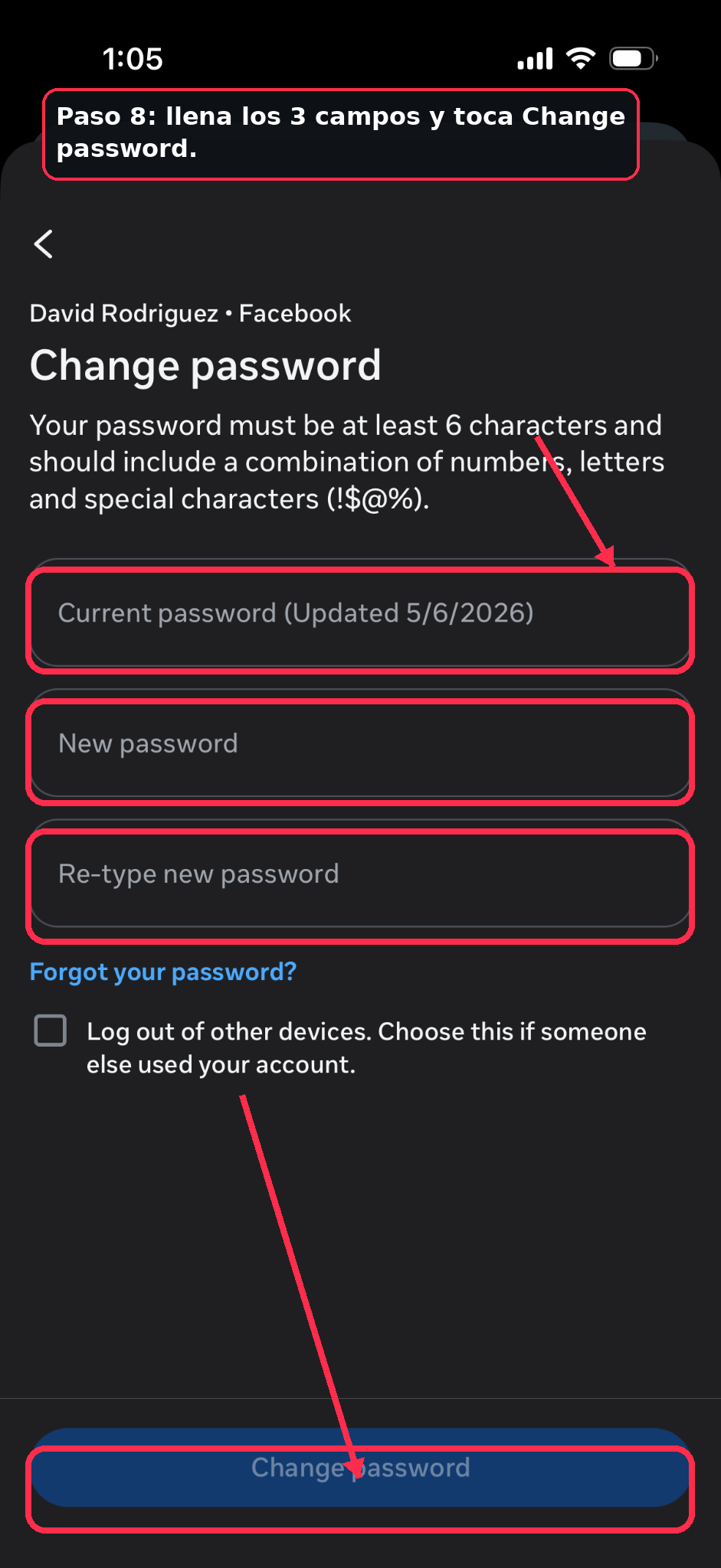 Enter your current Facebook password and your new password