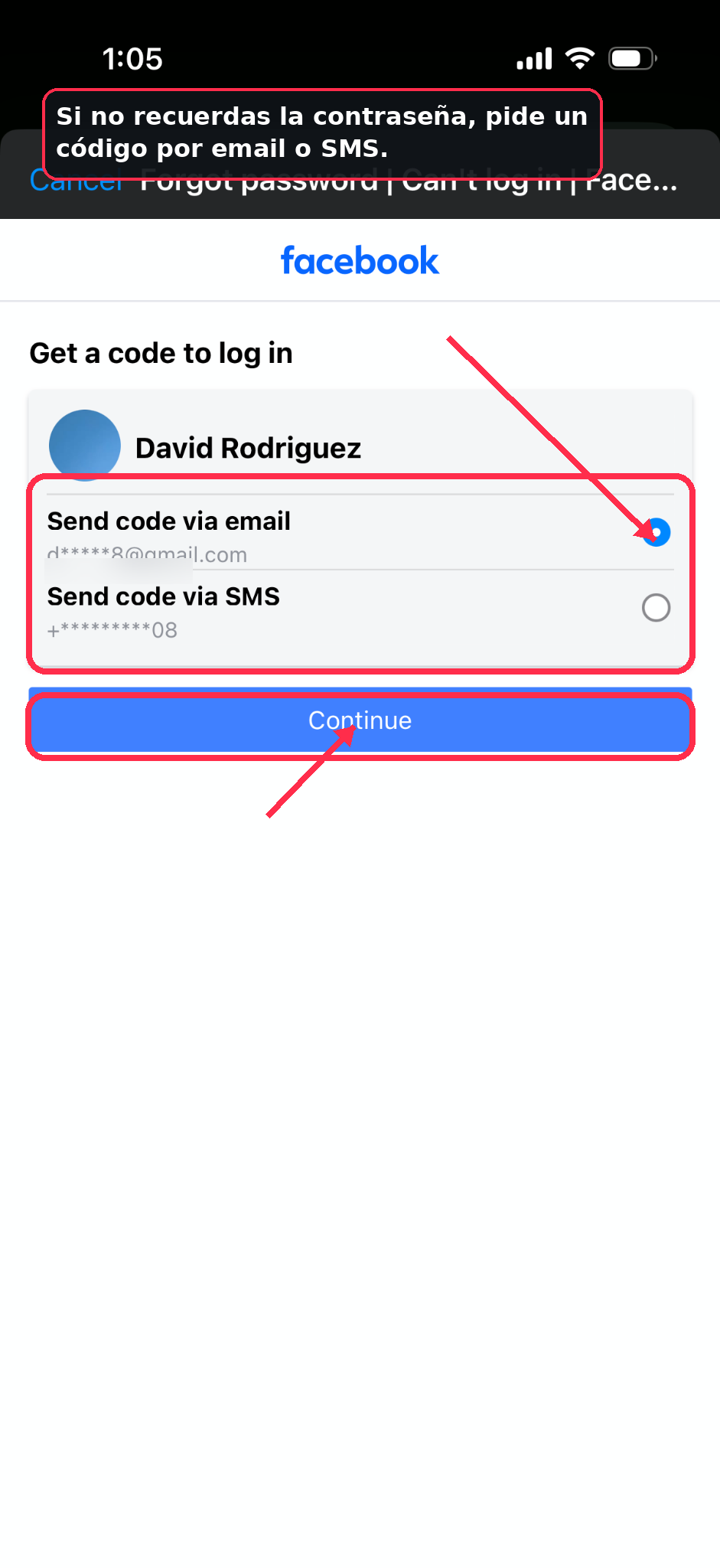 Get a Facebook login code by email or SMS if you forgot your password